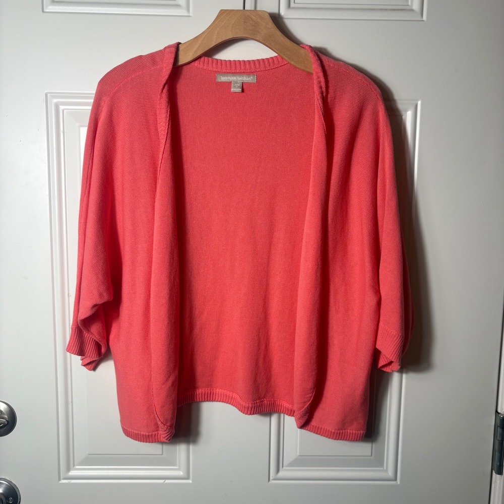 Woman Within Cardigan Womens 14/16 M Coral Pink Excellent Open Front Cotton Knit